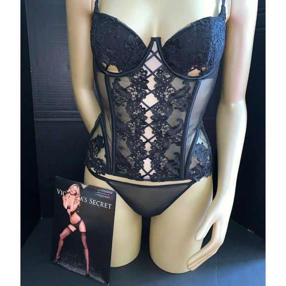 Victoria's Secret Other - Victoria's Secret DESIGNER COLLECTION 34B,36C CORSET SET BLACK floral embroidery